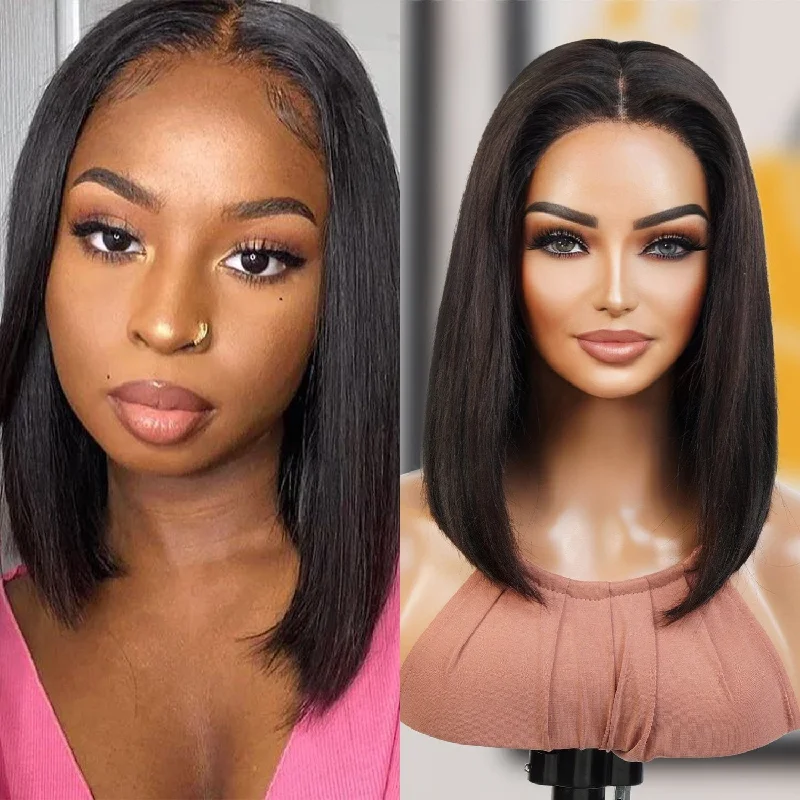 Lace wig with a straight texture for a sleek and minimalist lookUpScale 100% Human Hair Wear and Go Pre Cut Pre Plucked Glueless 5x5 Closure Wig Silky Straight Bob 12"