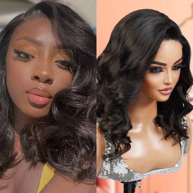 Lace wig with a natural - looking root for a more realistic lookUpScale 100% Human Hair Wear and Go Pre Cut Pre Plucked Glueless 5x5 Closure Wig Wavy Bob 14"