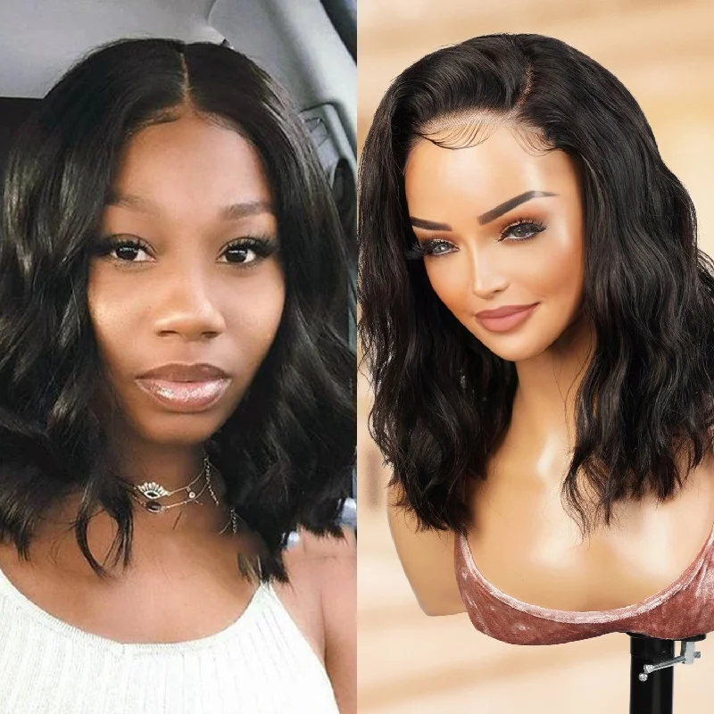 Human - hair lace wig for a luxurious and natural feelWear and Go Pre Cut Pre Plucked Glueless 5x5 Lace Wig Natural wave bob 12"