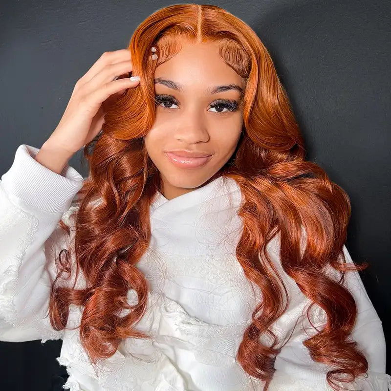 Lace wig with a wispy fringe for a soft and feminine lookThrow Go On Glueless Copper Brown 35# Body Wave 4x4 5x5 Lace Wigs Beginner Friendly