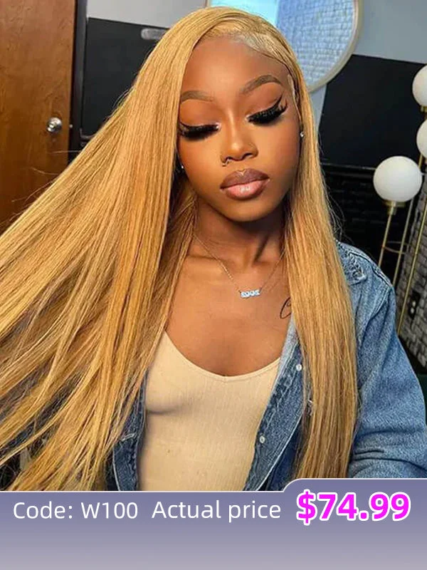 Colored wig with a purple - violet shade for a regal and elegant look$100 Off Code: W100 | Wavymy 27 Colored Honey Blonde  Straight Wear Go Wigs Glueless 4x6  Lace Closure Wig 180% Density