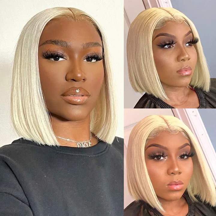 Colored wig with a silk - base cap for a comfortable and smooth feel613# Blonde Brazilian Straight Short Bob Wigs 150% Density Transparent Lace Frontal Wig Pre Plucked Glueless Lace Wigs-Amanda Hair