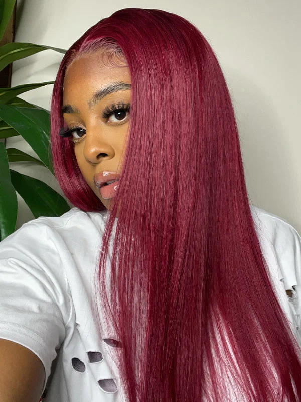 Colored wig with a natural - looking root for a more realistic lookMiya Lashae Recommend 99J Bone Straight Lace Frontal Human Hair Wigs Pre Plucked Brazilian Burgundy Virgin Hair For Women