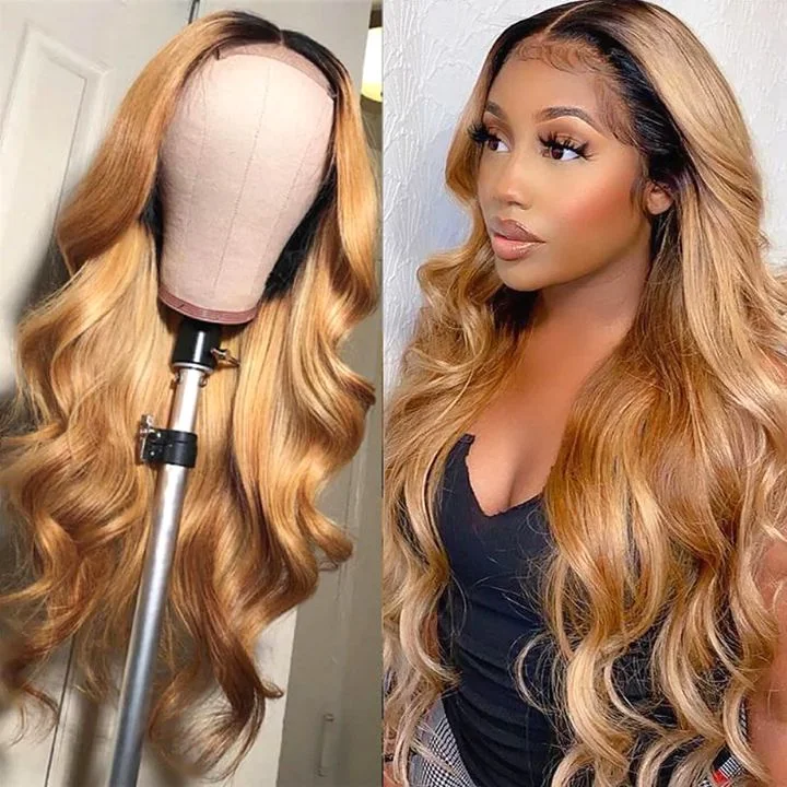 Colored wig with a side - swept bang for a sophisticated look1B/27 Ombre Color Guleless Body Wave T Lace Part Wig Remy Human Hair Middle Part Frontal Wigs - Amanda Hair