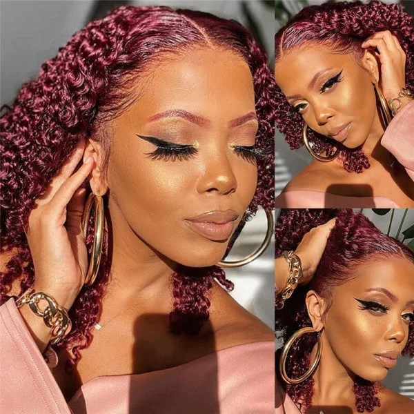 Colored wig with a 150 - density for a full and thick appearanceBurgundy 99J Color Jerry Curly T Part 13*4 Lace Frontal Human Hair Wig 180% Density Lace Part Wigs - Amanda Hair