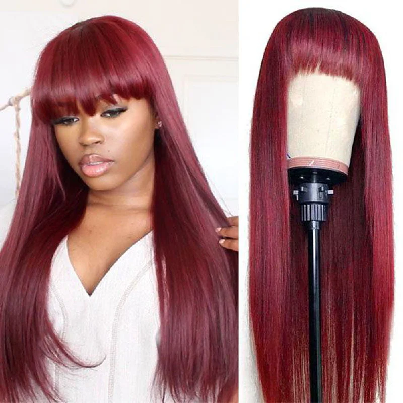 Colored wig with a curly texture for a bold and stylish choiceAmanda Glueless Straight Human Hair 99J Burgundy Color Full Machine Made Wigs With Bangs