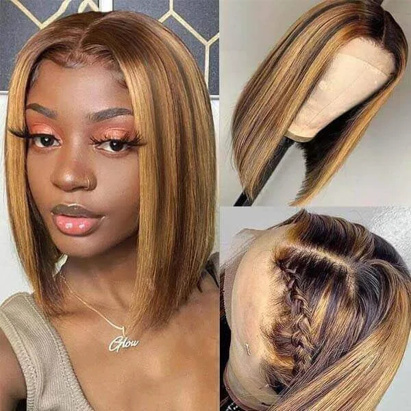 Colored wig with a silk - base cap for a comfortable and smooth feelStraight Hair Blonde Highlight Bob Wig T Part Lace Frontal Short Bob Wigs 180% Density-Amanda Hair