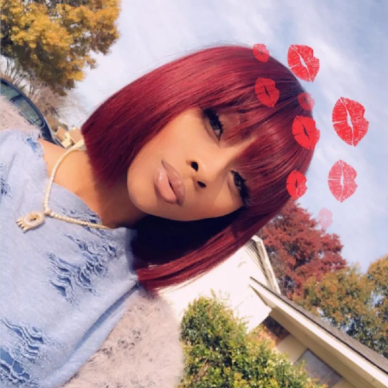 Colored wig with a side - part for a more flattering appearanceStraight Hair Red Bob Wigs Machine Made Burgundy Bob Wig Human Hair Glueless Short Bob Wigs-Amanda Hair