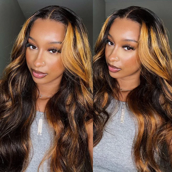 Colored wig with a 150 - density for a full and thick appearanceAmanda Balayage Pre Plucked 1B/30 Highlight Blond Color Body Wave Human Hair 13x4 Lace Front Wigs 180% Desnsity