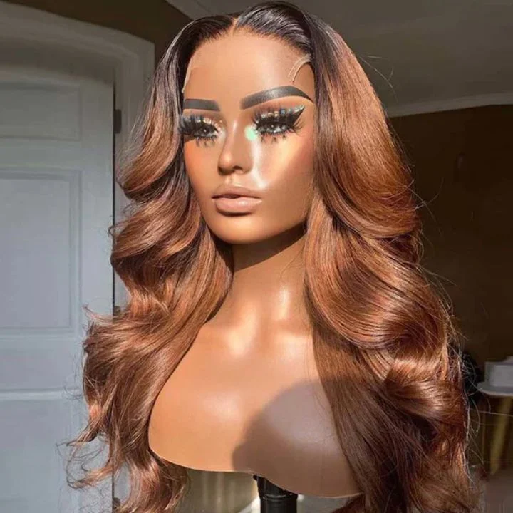 Colored wig with a side - part for a more flattering appearanceAmanda Pre Plucked 1B/30 Ombre Blonde Color Straight Human Hair 13x4 Lace Front Wigs 150% Desnsity