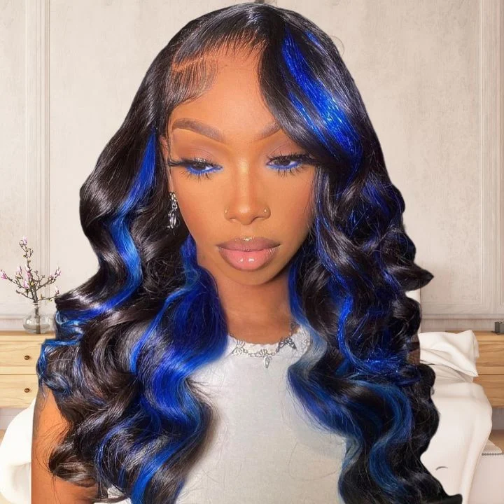 Colored wig with a pre - bleached knot for a natural - looking scalpAmandaHair Highlight Gemstone Blue Glueless Transparent 13* 4 Lace Front  Wig Natural look Beginner Friendly  Wear & Go Body WaveLace Wig