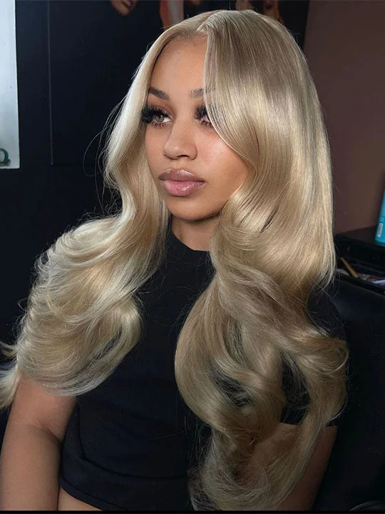 Colored wig with a straight texture for a sleek and minimalist lookAsh Blonde Layered & Curtain Bangs 3D Body Wave 13x6 Lace Front Human Hair Wigs