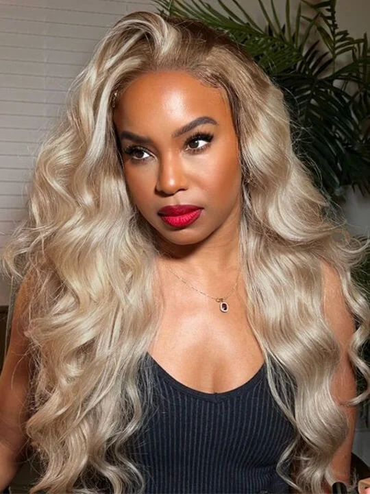 Colored wig in a vibrant pink color for a bold and eye - catching lookOmbre Ash Blonde Body Wave Wig Blonde Hair With Brown Roots 13x4 Transparent Full Lace Frontal Wigs