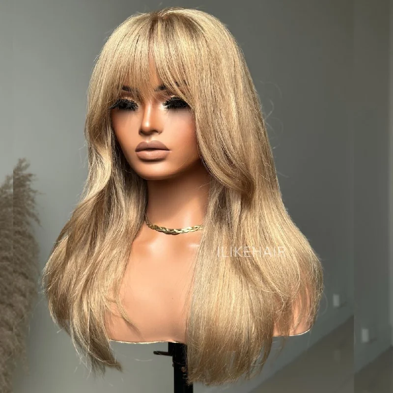 Colored wig with a straight texture for a sleek and minimalist lookAsh Honey Blonde Layered Cut 13x4 Lace Front Wig With Bangs