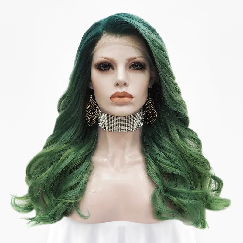 Colored wig with a silver - grey color for a trendy and cool - toned lookAutumn Green Ombre Wave Lace Front Synthetic Wig