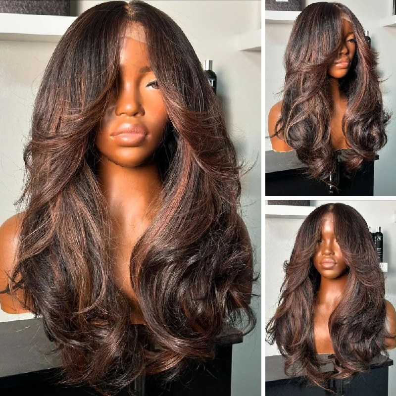 Colored wig with a 150 - density for a full and thick appearanceBlack with Auburn Highlights Body Wave Lace Closure Wig