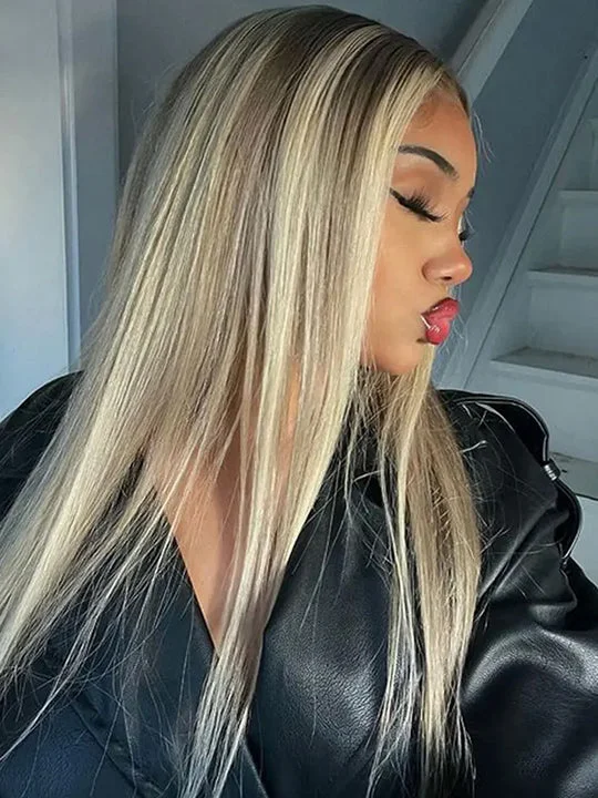 Colored wig with a side - part for a more flattering appearanceBlonde Balayage On Brown Wig 13x6 Transparent Lace Straight Human Hair