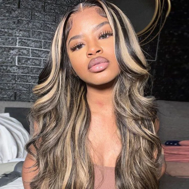 Colored wig with a pre - plucked hairline for a more natural lookBody Wave Balayage Highlight Hair Transparent 13*4 Lace Front Human Hair Wigs -Amandahair