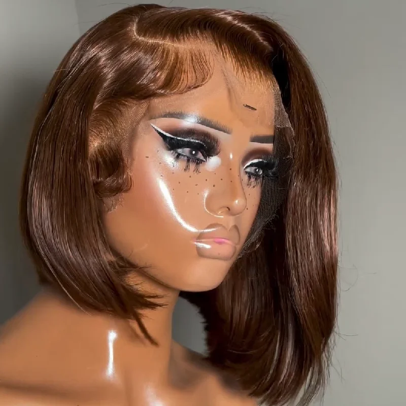 Colored wig with a straight texture for a sleek and minimalist lookBrown C Part Hiarline Summer Choice Fashion Short Straight Bob Wigs Transparent Glueless Lace Colored  Wigs No Code Needed -Amanda Hair