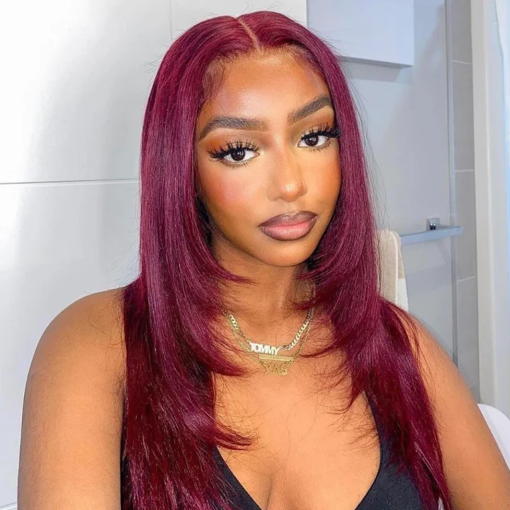 Colored wig with a side - swept bang for a sophisticated lookBurgundy Straight 13x4 Lace Front  Layered  Wig Butterfly Haircut #99J Color Wig