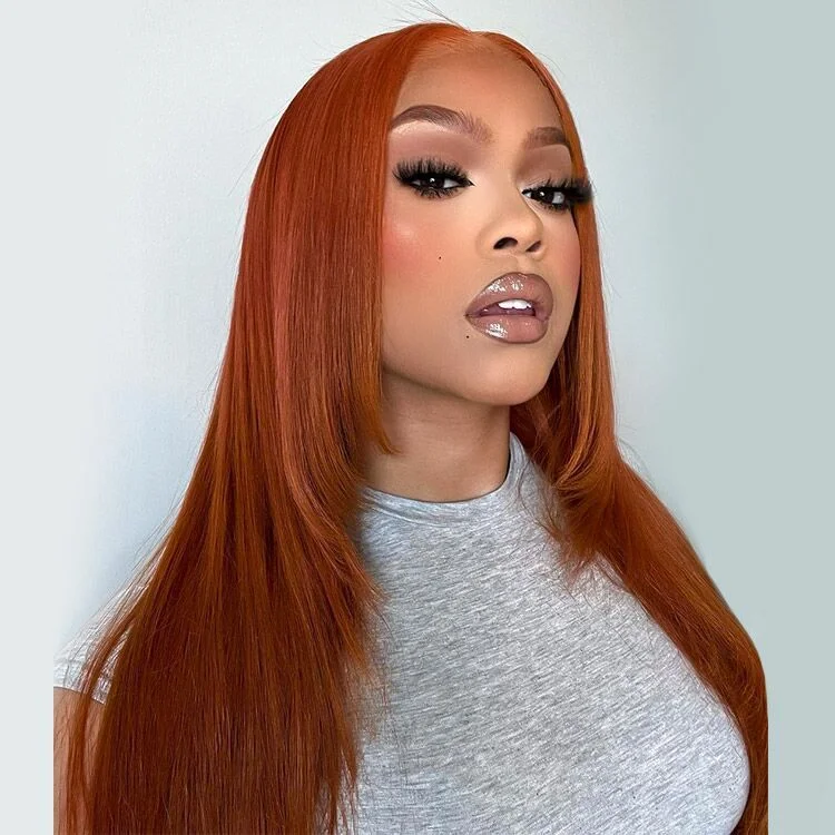 Colored wig with a natural - looking root for a more realistic lookBurnt Orange Straight 13x4 Lace Front Straight Butterfly Haircut Ginger Wig Layered Hair