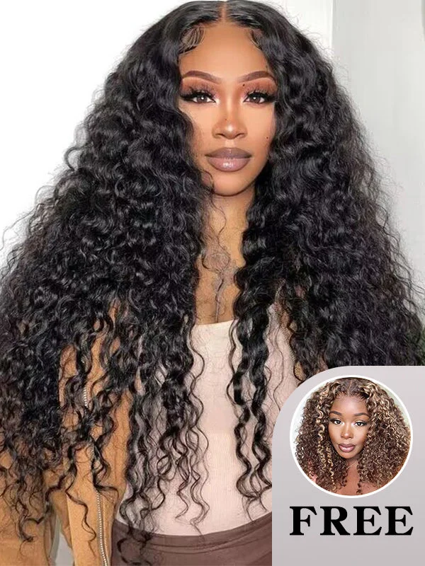 Human - hair colored wig for a natural and luxurious feelBuy 1 Get 1 | M-Cap 9x6 Lace Water Wave Wear Go Pre-bleached Wig & Kinky Curly 13x4x1 Lace T-Part Honey Blonde Highlight Wigs 180% Density