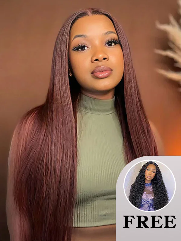 Colored wig with a 150 - density for a full and thick appearanceBuy 1 Get 1 | Wear Go 4x6 Reddish Brown Color Straight Wig & Deep Wave 13x4x1 Lace T-Part Wigs 180% Density