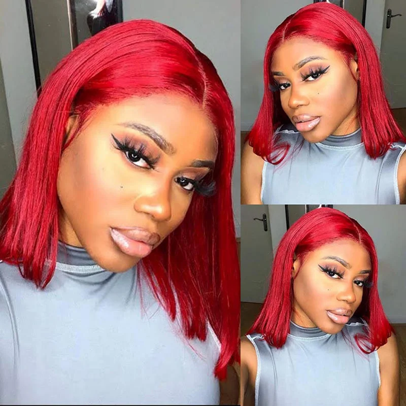 Colored wig with a side - swept bang for a sophisticated lookColored Red Straight Hair Lace Front Bob Wig Human Hair Wigs Pre Plucked Brazilian Remy Hair Lace Frontal Wig-Amanda Hair