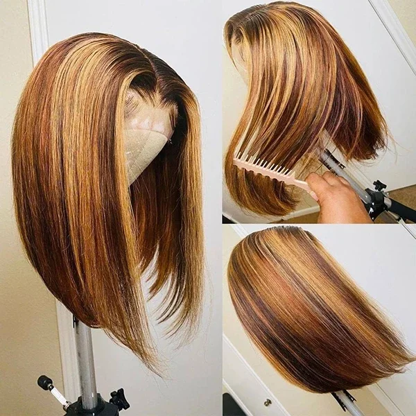 Colored wig with a 150 - density for a full and thick appearanceOmbre Color Straight Human Hair Honey Blonde Bob Highlight Wig 150% Density-Amanda Hair