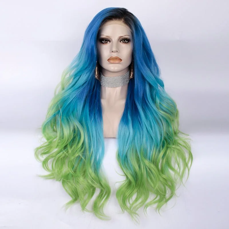 Colored wig with a straight texture for a sleek and minimalist lookBlue to Green Ombre Dark Root Long Loose Wave Synthetic Lace Front Wig