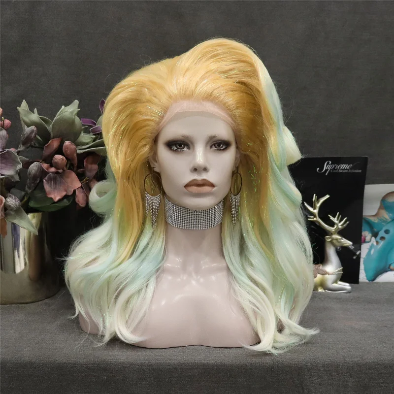 Colored wig with a middle - part for a classic and elegant styleYellow and Green Ombre Lace Front Drag Queen Styled Wig