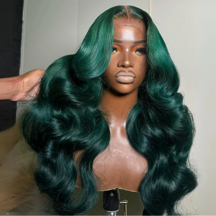 Colored wig with a silk - base cap for a comfortable and smooth feelDark Green Body Wave 13x4 Lace Front Human Hair Wigs Transparent For Black Women