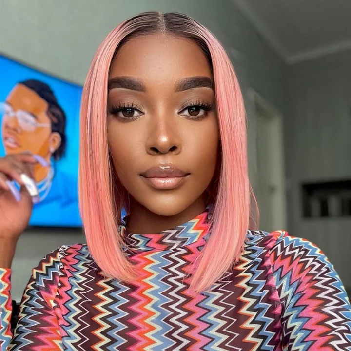 Colored wig with a side - part for a more flattering appearanceDark Root to Pastel Pink Straight Colored Short Bob Lace Frontal Wigs Human Hair - Amanda Hair