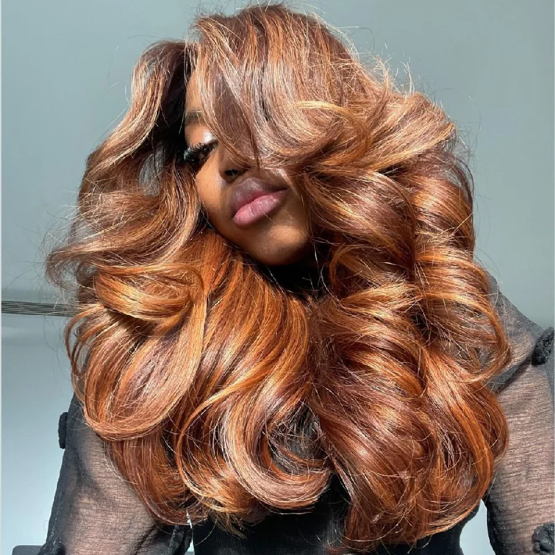 Colored wig with a wavy texture for a beachy and fun lookElegant Copper Highlights Layered Cut Wavy Glueless 4x4 Closure Lace Wig