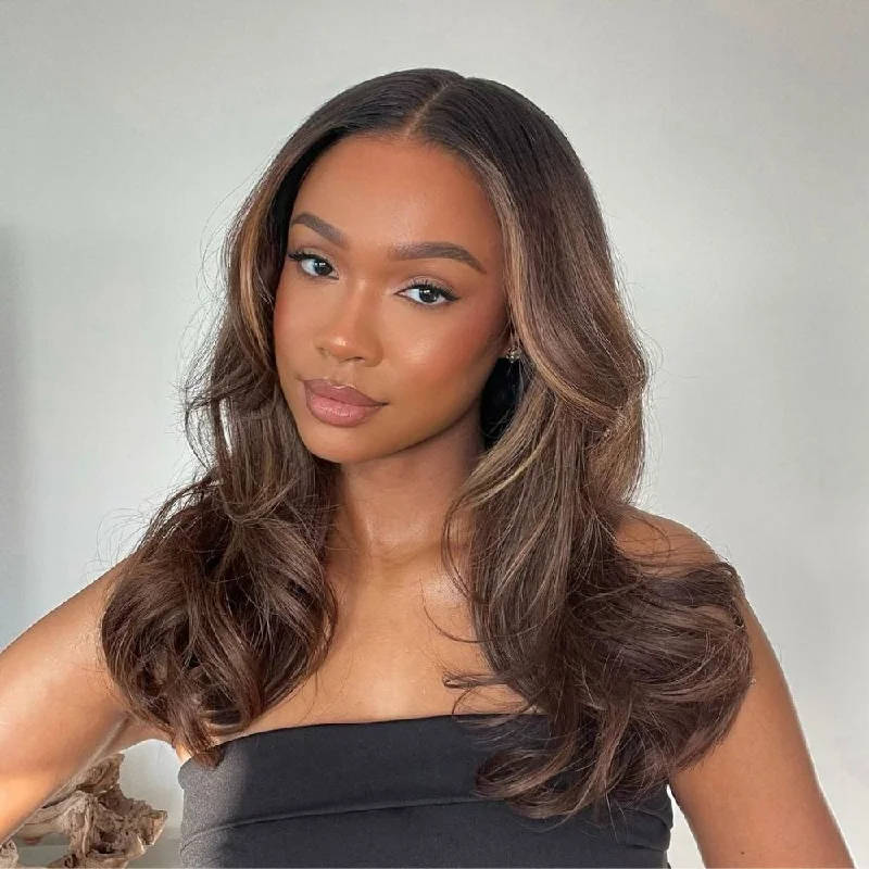 Colored wig with a middle - part for a classic and elegant styleFace-Framing Brown Highlights Wavy 13x4 Lace Front Wig