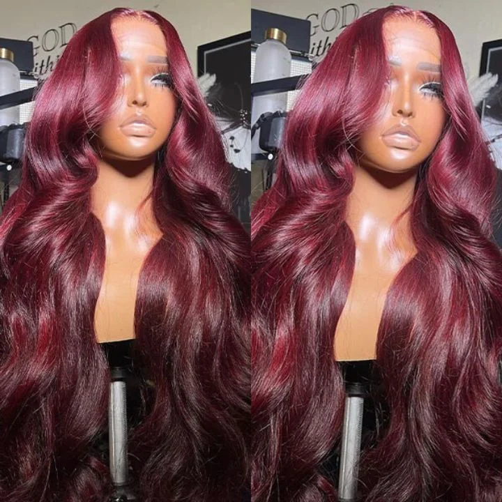 Colored wig with a wavy texture for a beachy and fun lookGlueless 99J Burgundy Body Wave HD Transparent 13x4 Lace Front /6x4.5 Closure Colord Red Wig -Amanda Hair