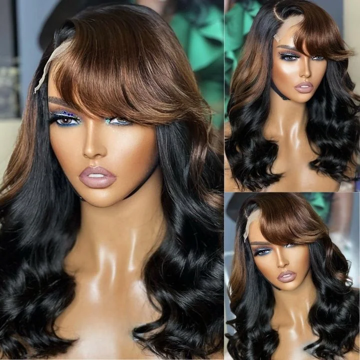 Synthetic colored wig with a heat - resistant formula for easy stylingGlueless Brown Mix Black Loose Wave 13x4/6x4.5 Closure C Part Lace Colord Wig with Bangs-Amanda Hair