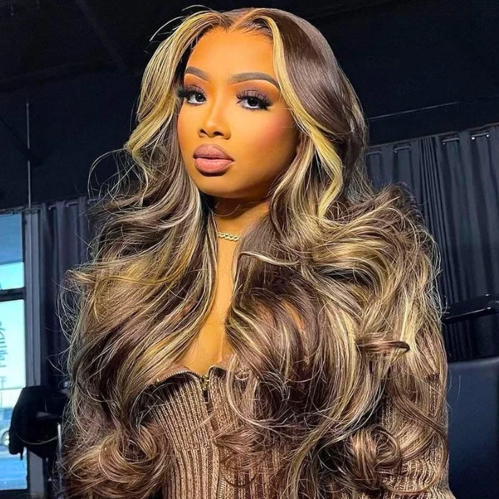 Adjustable - cap colored wig for a comfortable fitGlueless Invisiable Honey Blonde Highlight Body Wave 13x4 Lace Front Wigs Human Hair Ombre Color Wig