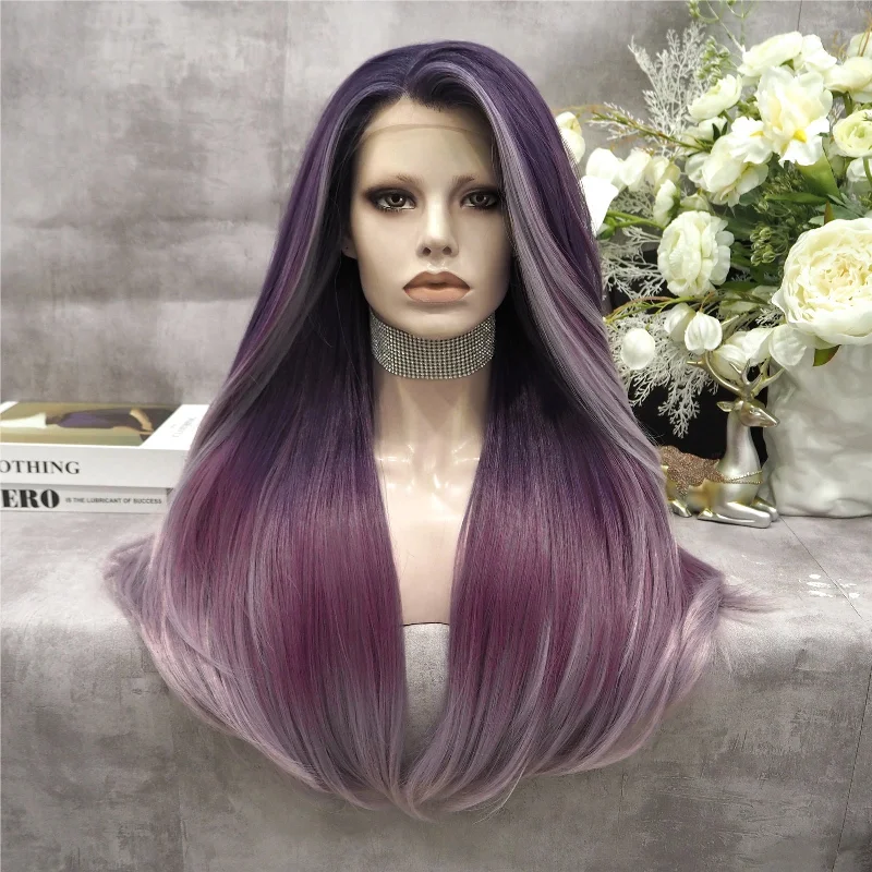 Colored wig with a purple - violet shade for a regal and elegant lookGrape Purple Fade Long Straight Synthetic Lace Front Imstyle Costume Wig