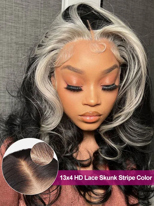 Colored wig with a red - orange hue for a warm and energetic lookGray Skunk Stripe Wig Highlights 3D Body Wave 13x4 HD Lace Front Human Hair Wigs