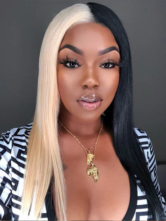 Colored wig with a wavy texture for a beachy and fun lookCruella Half 613 Blonde Half Black Hair Wig Straight 4x4/13x4/13x6 Lace Human Hair Wigs