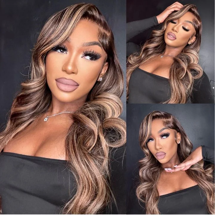 Colored wig in a vibrant pink color for a bold and eye - catching lookHighlight 4/27 Ombre Color Guleless Body Wave  ]Remy Human Hair  Frontal Wigs - Amanda Hair