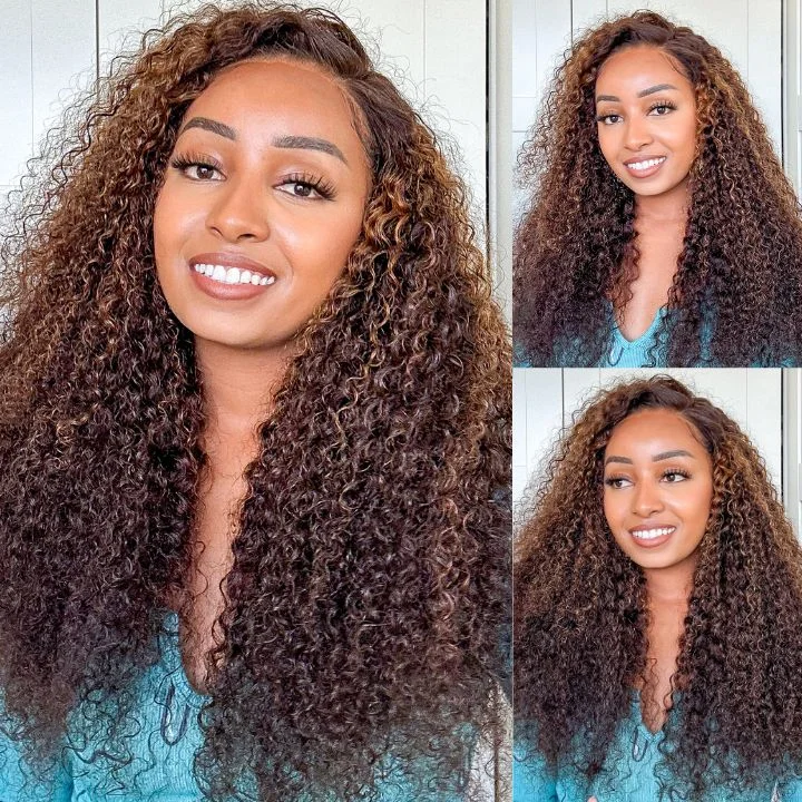 Colored wig with a middle - part for a classic and elegant styleHighlight Blonde Glueless Water Wave/Curly 13*4 HD Lace Front Wigs Transparent Lace Wig Plucked Hairline-Amanda Hair