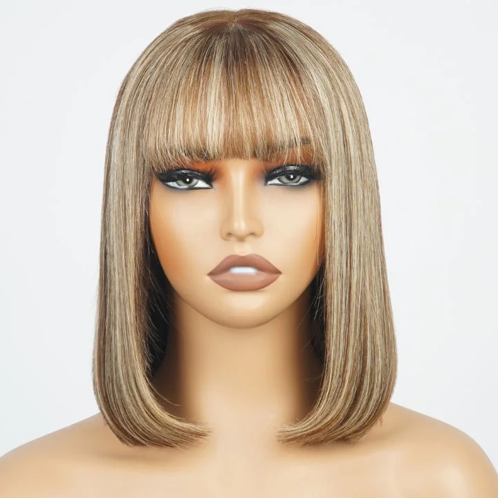 Colored wig in a vibrant pink color for a bold and eye - catching lookHighlight Blonde Mix Brown Summer Choice Fashion Short Straight Bob Lace Wigs with Bangs Transparent Glueless Lace Colored  Wigs No Code Needed  -Amanda Hair