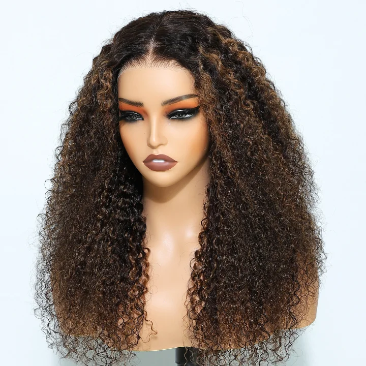 Colored wig with a straight texture for a sleek and minimalist lookHighlight Brown Glueless Curly 7*5/13*4 HD Transparent Lace Wigs Pre Plucked Hairline-Amanda Hair