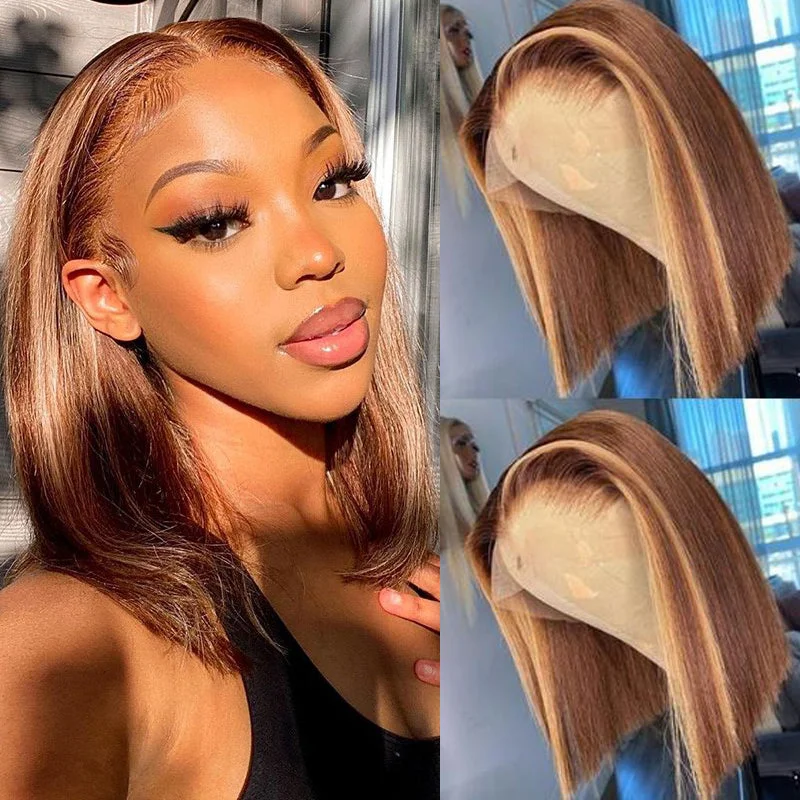 Colored wig with a silk - base cap for a comfortable and smooth feelStraight Hair Honey Blonde Highlight Bob Wig 13*4 Lace Frontal Colored Wigs-Amanda Hair