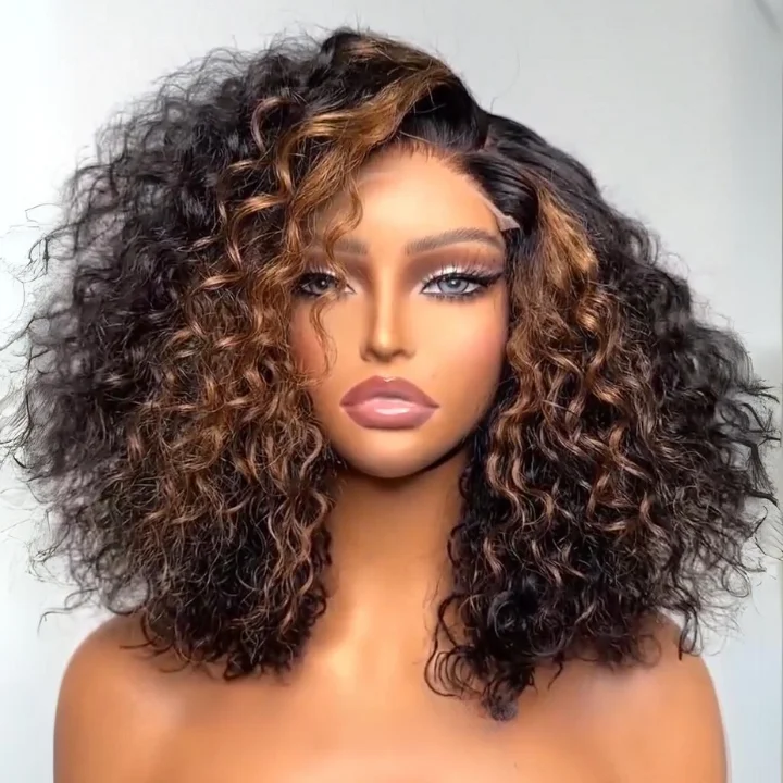 Colored wig with a pre - plucked hairline for a more natural lookHighlight Curly Bob Lace Wig Brown with Black Ombre Color Wig Human Hair Pre Plucked-Amanda Hair