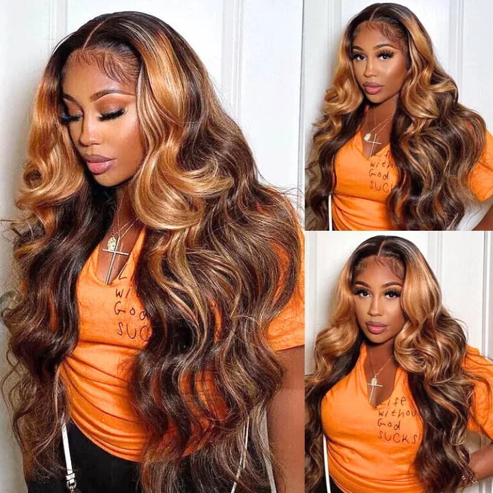 Colored wig with a wispy fringe for a soft and feminine lookHighlight Honey Blonde Body Wave Brown Clear Transparent Lace Front Ombre Colored Wigs Plucked Virgin Natural 100% Human Hair For Women-Amanda Hair