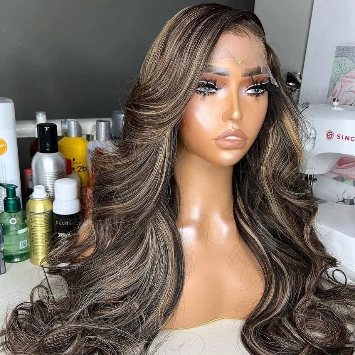 Colored wig with a red - orange hue for a warm and energetic lookHighlight Light Blonde Glueless Transparent Lace Closure Human Hair Straight/Body Wave Wigs 5x5 Lace Part Colored Wig-Amanda Hair