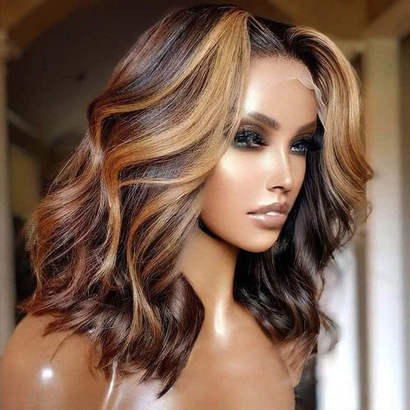 Colored wig with a middle - part for a classic and elegant styleHighlight Loose Wave Hair Honey Blonde Bob Glueless Lace Wig 13*4 Lace Frontal Colored Wigs-Amanda Hair